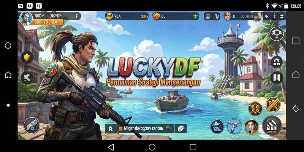 Tangkapan layar gameplay LUCKYDF yang menampilkan pertarungan strategis