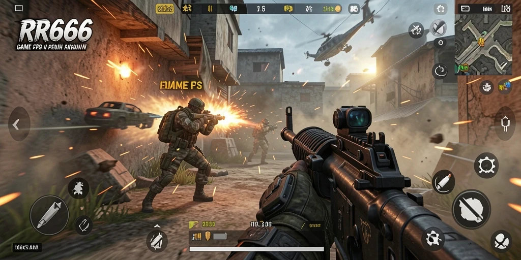 Tampilan gameplay mendebarkan dalam pertempuran FPS intens.