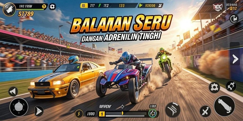 Screenshot gameplay ST789 menampilkan balapan mendebarkan di jalanan kota.